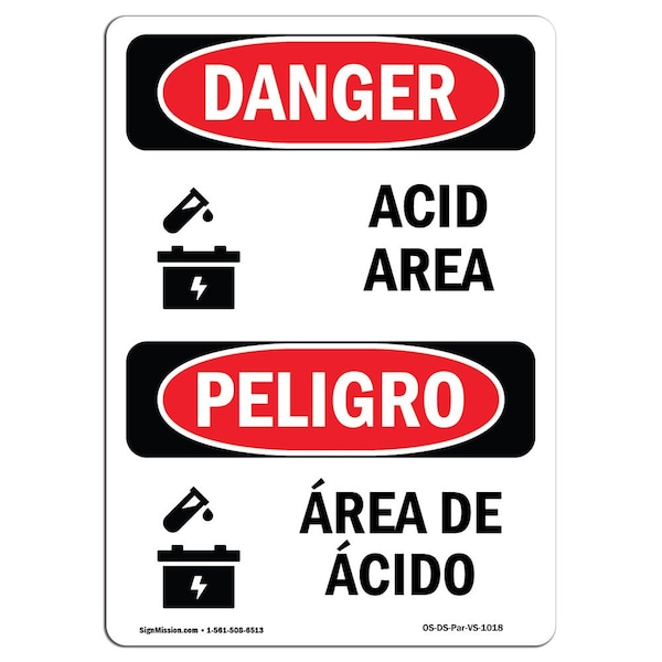 Safety Sign, OSHA Danger, 5" Height, Acid Area, Bilingual Spanish, 10PK